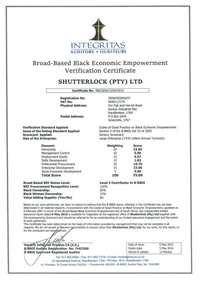 Shutterlock BBEEE Certificate 2015